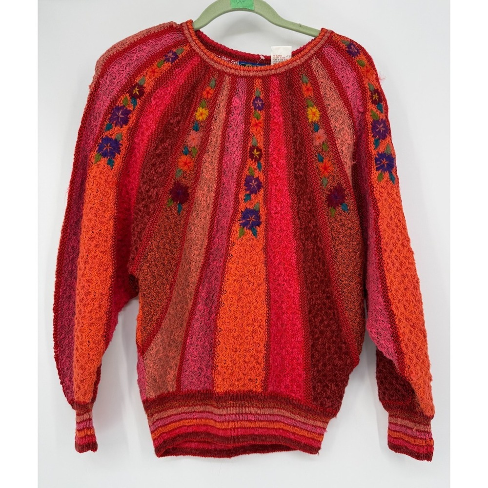 ANS 20 by Mariea‎ Kim Hand Knit Sweater Red Pink Floral Boho Cottagecore small